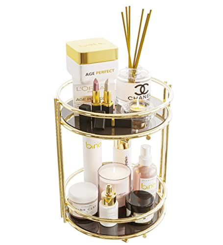 Organizer Porta Trucchi, Cosmetici- Organizzatore Porta Profumi Vassoio del Bagno- Metallo Oro Rotondo 27x23 cm