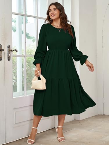 Image of SHESTARR Women's Plus Size Dress Long Sleeve Crewneck Smocked Tiered Flowy Boho Wedding Party Maxi Dresses
