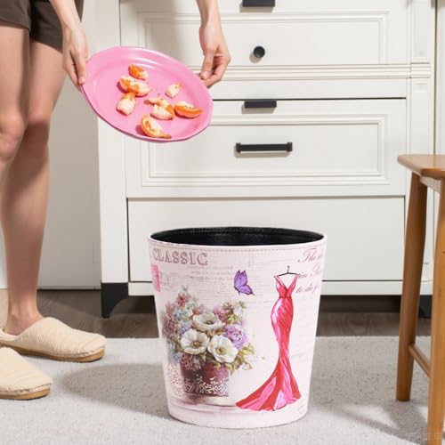 Image of PU Leather Small Trash Can Wastebasket, Round Garbage Container Basket for Bathrooms, Laundry Room, Kitchens, Offices, Kids Rooms, Bedrooms,Dorms,Home Decorative Art Bin, 2.9 Gallon(Red Dress)