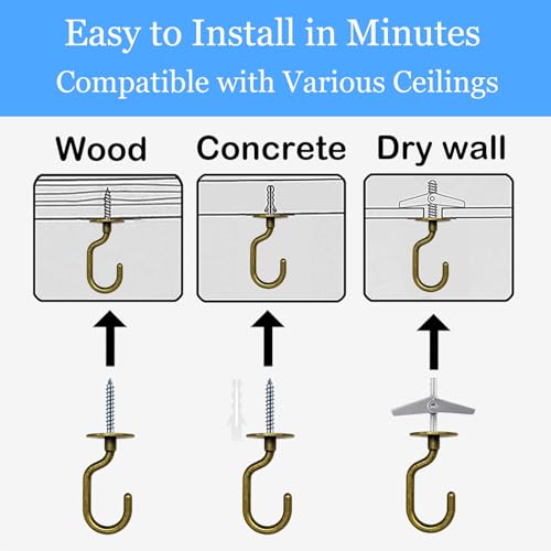 Image of 2 Sets Antique Brass Swag Ceiling Hooks - with Hardware for Hanging Plants, Drywall and Ceiling Installation, Heavy Duty Design
