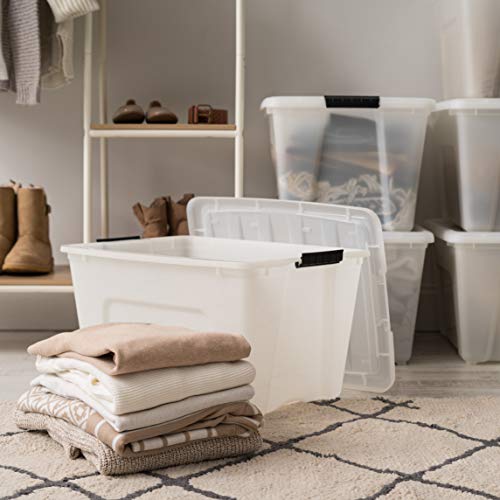 Image of IRIS USA 54 QT Plastic Storage Box with Lid and Latches - 4 Pack - BPA-Free, Discreet Organizing Solution, Durable Nestable Stackable Containers, Secure Pull Handle - Pearl