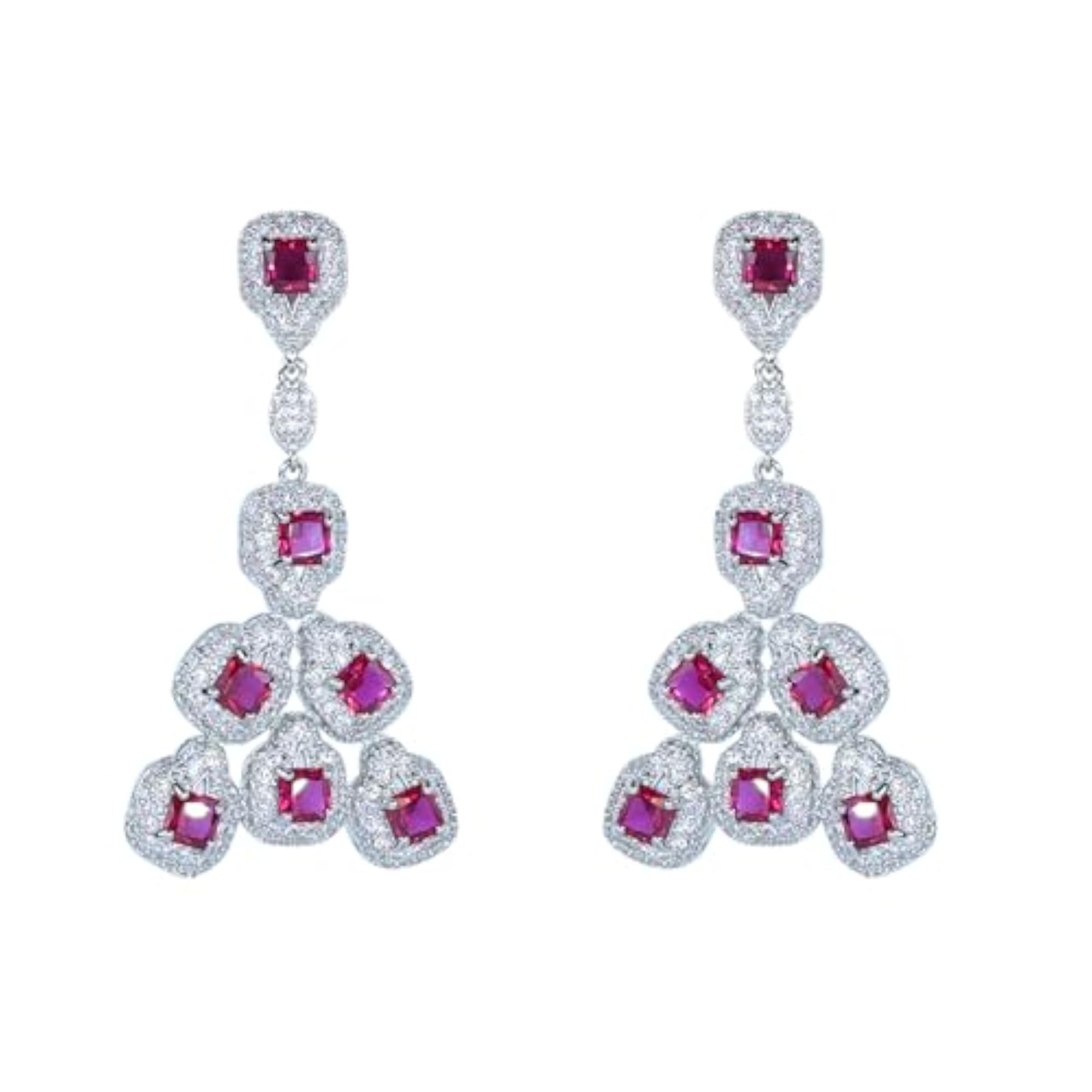 Women's Silver Ruby Square Chandelier Earrings, Stylish Set