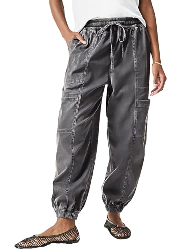 Flamingals Women's Straight Leg Pants High Rise Barrel Leg Cargo Drawstring Multi Pockets Cropped Jogger Pants