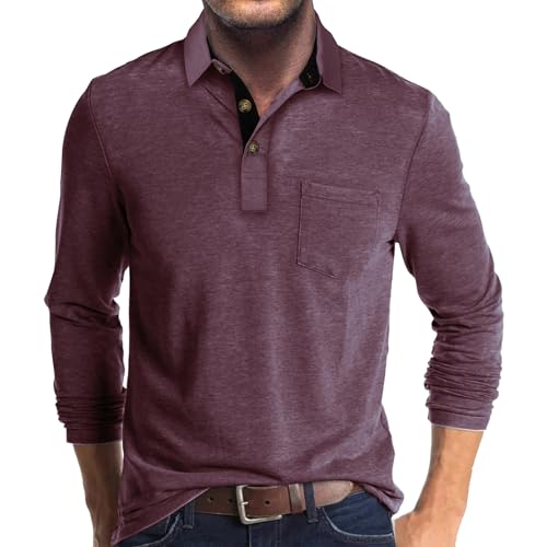 Zetieny Polo Hombre Manga Larga Casuales Camiseta de Golf Polos de Color Liso con Bolsillos Otoño Invierno