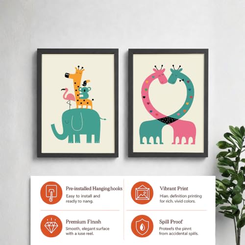 Image of PAINTINGMANTRA Elephant & Giraffe Cartoon Wall Art Painting for Kids Room, Animal, Flamingo Framed Painting for Living Room, Children Room, kids room decoration items, Set of 2, 9x13 Inch