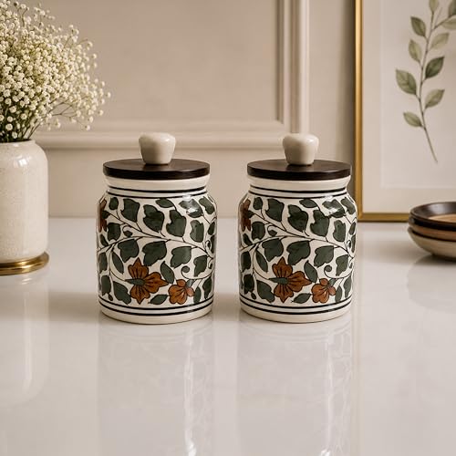 Image of Ceramic Kitchen Jars for Storage | Air Tight Containers with Wooden Lids | Masala, Salt, Pickle, Dry Fruits & Multi Utility Items Organiser Set (Hand-Painted, Green Leaf, 450 ML, Pack of 2)