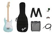 This pack includes one Squier by Fender Electric Mini Stratocaster Guitar, Strap, Frontman 10G Amplifier, Instrument Cable, Picks and Clip on Tuner. The Squier by Fender Electric Mini Stratocaster is the perfect companion for players seeking a reduce...