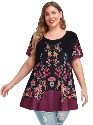 Image of JOELLYUS Plus Size Tops for Women Tunic Floral Casual Short Sleeves T Shirts Flowy Blouses 2026