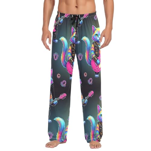 Men's Pajama Bottom Abstract Rocking Cat Cotton Pajama Pants Drawstring Sleepwear Long Pants Pockets