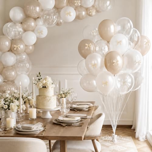 Image of Pearl White Balloons with Bow, 50Pcs 12 Inch Pearl Sand Transparent Latex | Beige Cream Sand Pearl Clear Balloons for Boho Bridal Wedding Anniversary Birthday Baby Shower and Bachelor Party Decor