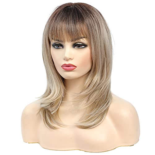 Blonde Wig with Bangs Synthetic Wigs for Women Ombre Dark Brown Blonde Wig Curly Hair Shoulder Length Wigs for White Women(Ombre Brown to Blonde)