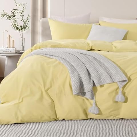 NEXHOME PRO Duvet Cover Super King 100% Washed Cotton, 108"x98" Organic Natural Linen Look Textured 3 Pieces Bedding Set Yellow with Zipper Closure, Breathable (No Comforter) Cover