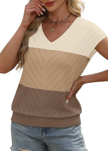 Image of WIHOLL Short Sleeve Sweater for Women V Neck Trendy Summer Tops 2026 Beach Vacation Clothes Travel Business Casual Outfits