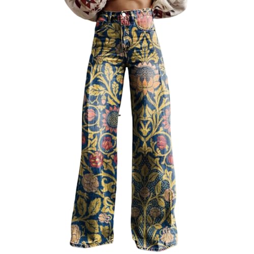 Akivide Womens Oversized Fake Denim Floral Print Wide Leg Pants Casual Loose Graphic High Waist Ziper Strethy Flare Trousers