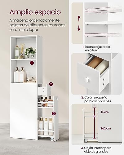 Miniatura 4 de Vasagle Armario De Baño Alto, Armario De Almacenamiento Delgado, Con Cajones Y Estante Ajustable, Armario Para Espacios Pequeños, Estilo Moderno, Blanco Clásico Bbk567t14
