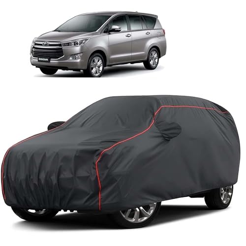 Image of Sulfar 100% Water Resistant Car Body Cover Compatible with Mirror for Toyota Innova (Triple Stitched, Full Bottom Elastic, Dark Grey Taffeta with Red Piping)
