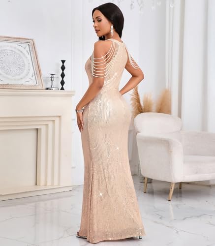 Image of Cololura Women Sexy Elegant Sequin Tassel Off Shoulder Halter Bodycon Maxi Dress Party Evening Gown Formal Dress
