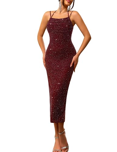 LVNES Women's Fully Beaded Bodycon Maxi Dress Spaghetti Strap Sleeveless Ruched Formal Wedding Guest Dresses