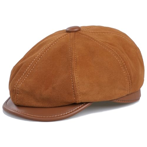 BOONJOVIA Genuine Leather Newsboy Caps for Men, Real Suede Irish Cabbie Driving Ivy Flat Hat (US, Numeric, 7 1/2, Suede Tan)