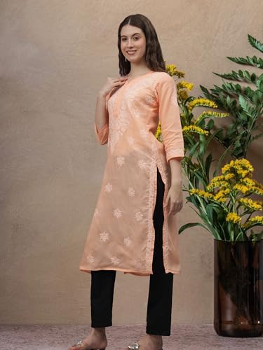 Image of Seva Chikan Hand Embroidered Lucknowi Chikankari Appricoat Peach Terivoil Cotton Kurta for Women SCL4603