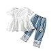 Geagodelia Ensemble de Vêtements 2 Pièces Bébé Fille Chemisier Barboteuse à Manches Longues T-Shirt en Dentelle + Pantalon en Jean Déchiré Lace en BasEnfant Été Outfit Tenue (Blanc C, 12-18 Mois)