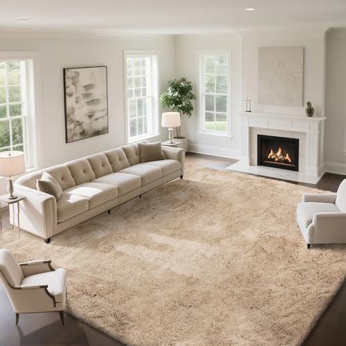 Fluffy Rug Shaggy Area Rug, Beige 9x12 Area Rugs for Living Room, Large Shag Area Rugs for Bedroom Kids Room Home Decor, Upgrade Anti-Skid Rectangular Fuzzy Rugs
