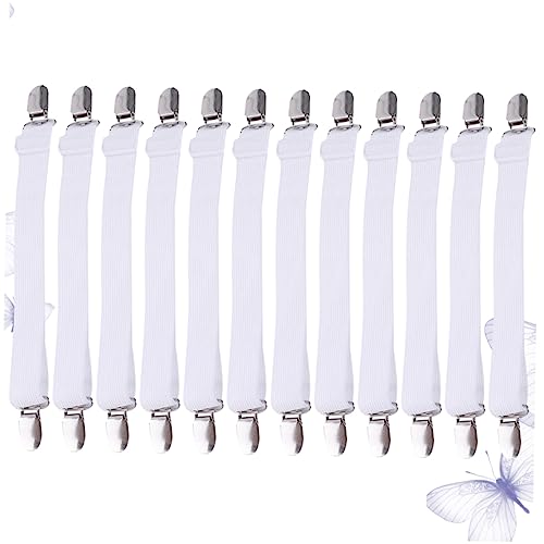 Ciieeo 12pcs Adjustable Bed Sheet Clips Multipurpose Gripper Straps for Mattress Covers Prevents Sliding Elastic Fasteners White Relaxed Stretched