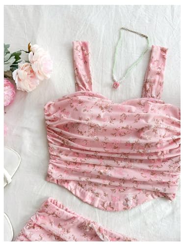 Verdusa Women's 2 Piece Outfits Floral Print Ruched Crop Tank Top and Bodycon Skirt Set3