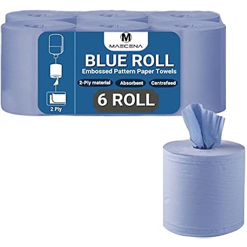 Maecena Centrefeed Blue Rolls - 2 Ply 6 Pack Embossed Pattern Paper Towels - Strong and Absorbent Tissue Paper Roll - UK Supplier Perfect for Commercial and Kitchen Use Cover