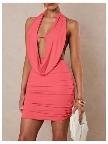 Image of SOLY HUX Women's Sexy Deep V Neck Halter Bodycon Mini Dress Sleeveless Party Club Dresses