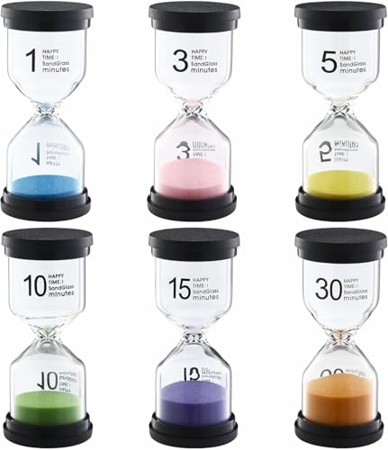 Reloj de Arena para niños, Set de 6 temporizadores 1/3/5/10/15/30 Minutos en Colores Surtidos, Reloj Arena Educativo para Juegos, Estudio y Cepillado de Dientes
