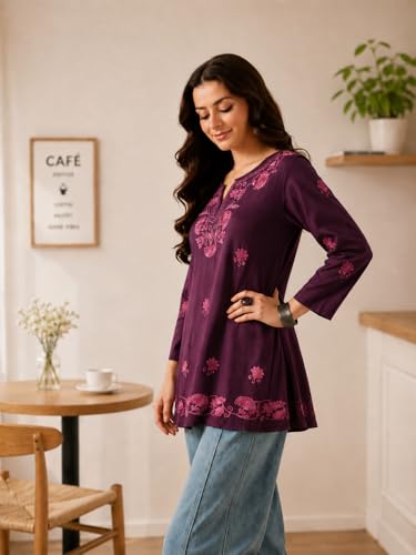 Image of QAZMI Women's Zayesha Aari Embroidered Viscose Rayon A-Line Flared Short Kurti