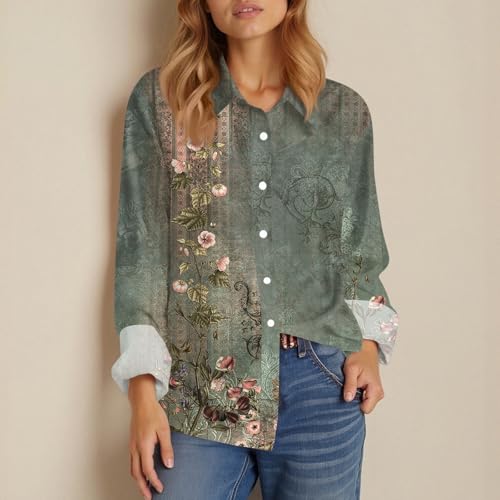 Womens Button Down Shirt Dressy Casual Floral Print Work Tops Business Long Sleeve Blouses3