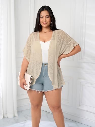 Image of SCOMCHIC Women Plus Size Lightweight Cardigan Summer Kimono Ruffle Short Sleeve Open Front Casual Tops Beach Cover Up