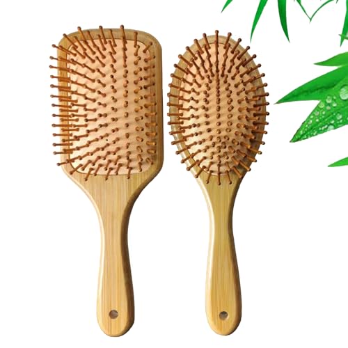 Set de 2 Cepillo de Pelo – Cepillo Ovalado y Rectangular – Cepillo Pelo de Bambú Natural – Cepillo Cuadrado de Madera para Mujeres, Hombres y Niños – Masaje Suave, Suave con el Cuero Cabelludo