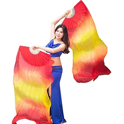 Nimiman 1 Pair(left+right) Chinese Real Silk Belly Dance Fan Veils 1.8m Fire Colors Cover