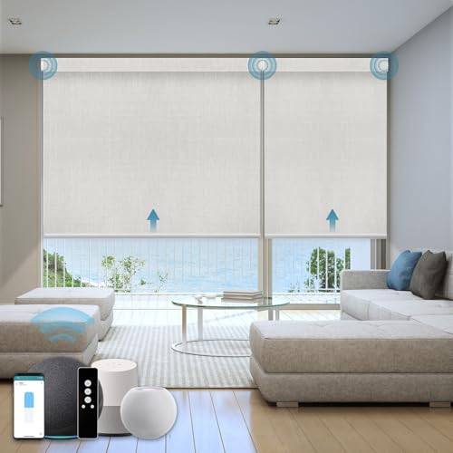 WEFFORT Motorized Roller Shade, 100% Blackout Smart Window Blinds Work with Homekit, Alexa, Google Home, Remote Control, Electric Blinds with USB/Solar Pannel Charging, Gentle White