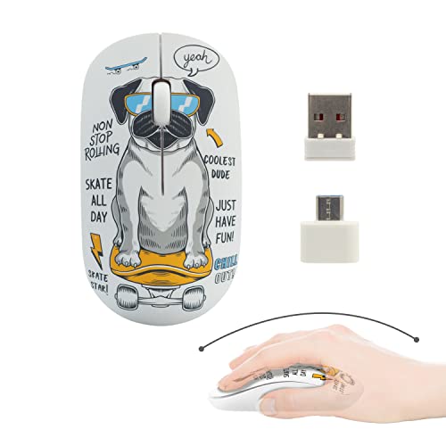 Volkano Silent Mouse Wireless for Kids, 2.4GHz Cordless Optical Mouse - Type-C/USB-A Mouse for Laptop, Cute Wireless Mouse, Wireless Mouse for MacBook Pro, MacBook Air Mouse (Skater Pug Pattern)