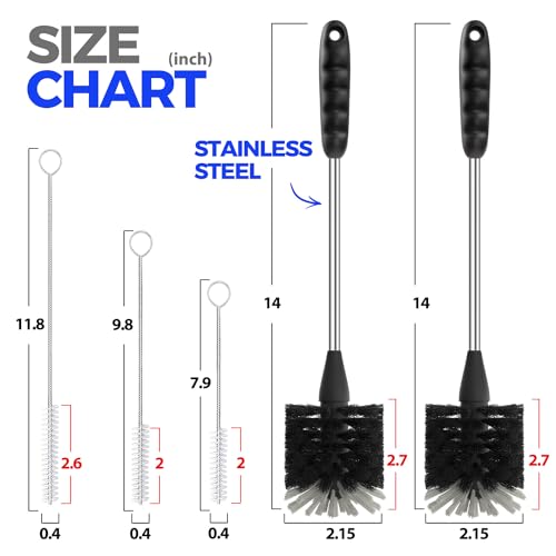 Image of Holikme 5-Piece Bottle Brush Cleaner Set - 14 inch Stainless Steel Handle, 3 Straw Brushes, Cleans Water Bottles, Cups, Baby Bottles, Black & Grey
