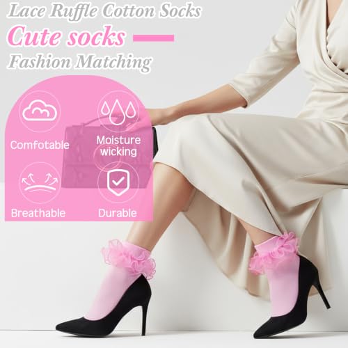 Image of Geyoga 3 Pairs Women Big Ruffle Socks Turn Cuff, Double Lace Ankle Cotton Frilly Socks for Ladies Summer
