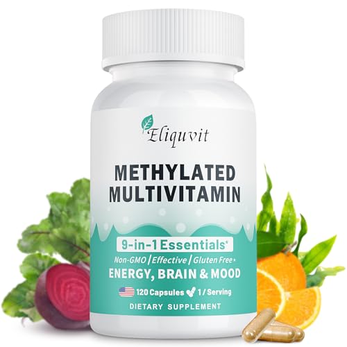 Eliquvit Methylated Multivitamin for Men & Women - Methylated B Complex with Methylfolate & B12-9-in-1 MTHFR Support + TMG - Vegan Multivitamin for Men & Women -Energy & Mood - USA Made-120 Capsules