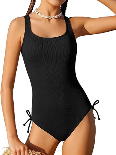 Image of Girls One Piece Swimsuits Ribbed Bathing Suit Teen Girls Adjustable Straps Drawstring Athletic Swimwear Swim Suit