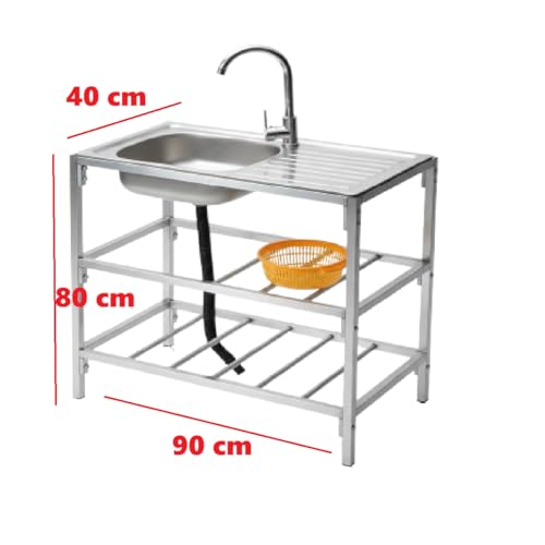 Image of Stainless Steel Restaurant Sink with Shelf and Tap - Commercial Kitchen Sink with Faucet, Undershelf Storage & Drainboard - Heavy Duty for Hotels, Cafes & Catering Use