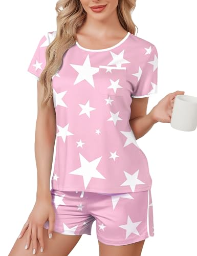 MAKABO Women's Pink Star Print Pajama Breathable Nightwear for Hot Weather L
