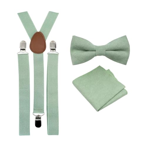 Luxuriöse Herren-Fliege aus Baumwollmischgewebe, Einstecktuch und Hosenträger-Set, Fliege und Einstecktuch & Eukalyptus Hosenträger Salbeigrün, Bow Tie: Length 11.5cm. Width: 7.5cm