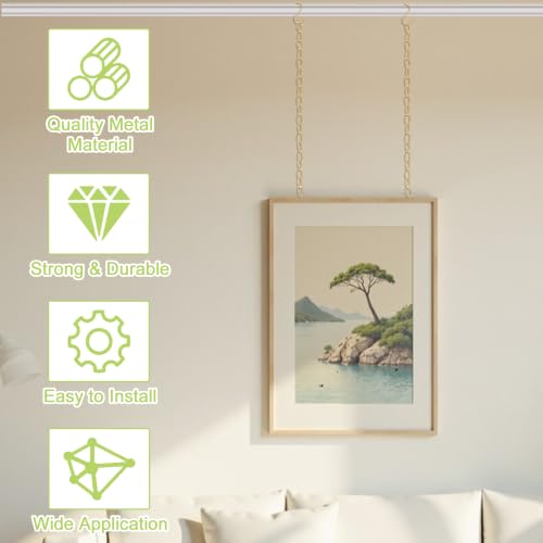Image of Picture Hanging Kit, 3Pcs 1M Chains with Hook & 3Pcs S-Hooks & 9Pcs Small Hooks Picture Display Accessories for Wall Pictures, Exhibition(Gold, Large Oval Ring)