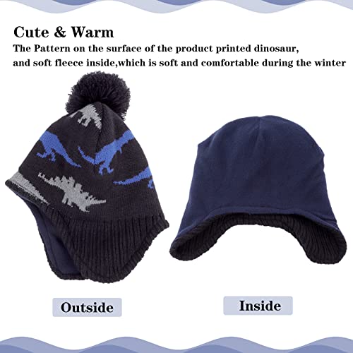 Image of ACTLATI Winter Dinosaur Boy Winter Hat Scarf Mittens Set Warm Beanies Earflap Fleece Pompom Lining Cap for Toddler Kids
