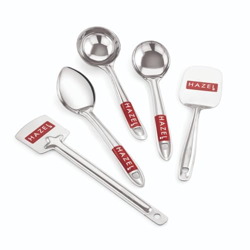 Image of HAZEL Stainless Steel Kitchen Tools - Set of 5 (Pastry Spoon, Tavetha, Ladle, Oval, Pan)
