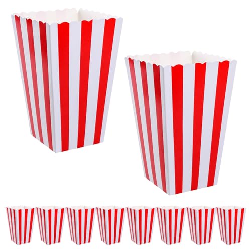 HOMOCONO Cajas de Palomitas de Maíz Diseño de Rayas Rojas para Fiesta Hechas de Papel, Paquete de 10 Piezas para Snacks en Fiestas y Celebraciones