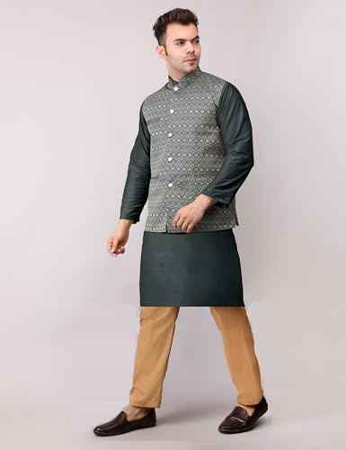 Image of Men's Cotton Silk Blend Regular Kurta Pyjama, Embroidered Nehru Jacket /Waistcoat Set